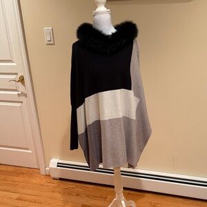 Talk of the Walk Black, Gray, and Cream Poncho /Sweater with Faux Fur Collar